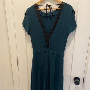 Teal jumpsuit with open back lace detail - M